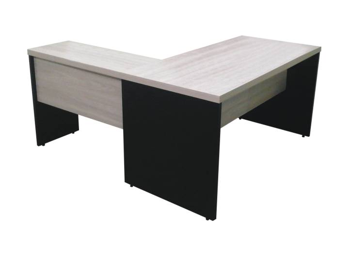 mesa em L formada pela união de 2 em mdp 15mm com bordas engrossadas para 40mm - pés painel nas cores cinza cristal, bege, preto ou argila