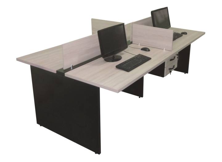 tampo mdp 15mm com bordas engrossadas de 30mm ou 40mm - calha central removível p/ passagem de fiação - pés painel 25mm cores preta, cinza cristal, bege ou argila - painéis divisórios opcionais
