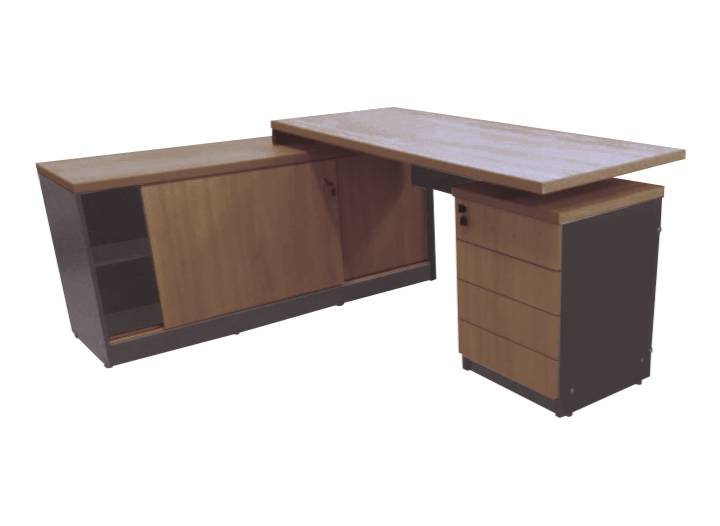 composto por mesa de trabalho, gaveteiro pedestal e balcão com duas portas de correr